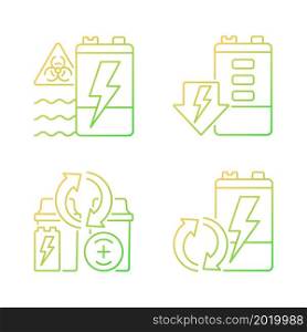 Battery reuse gradient linear vector icons set. Prevent environment contamination. Electronic waste recycling station. Thin line contour symbols bundle. Isolated outline illustrations collection. Battery reuse gradient linear vector icons set