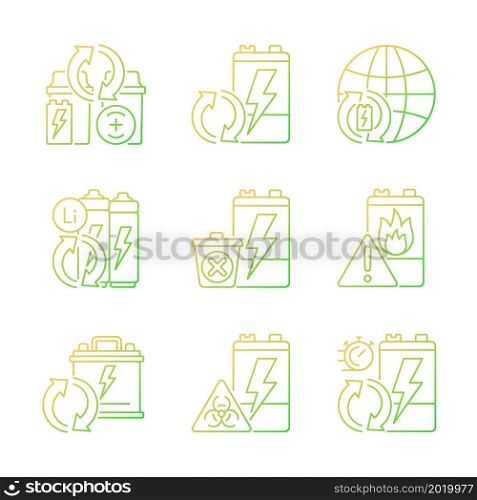 Battery reuse gradient linear vector icons set. Recyclable electronic waste. Accumulator recycling. Correct disposal. Thin line contour symbols bundle. Isolated outline illustrations collection. Battery reuse gradient linear vector icons set