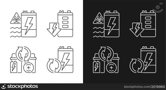 Battery reuse linear icons set for dark and light mode. Prevent environment contamination. E-waste recycling. Customizable thin line symbols. Isolated vector outline illustrations. Editable stroke. Battery reuse linear icons set for dark and light mode
