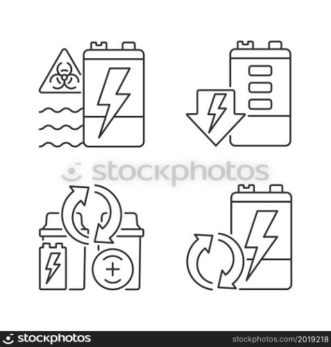 Battery reuse linear icons set. Prevent environment contamination. Electronic waste recycling station. Customizable thin line contour symbols. Isolated vector outline illustrations. Editable stroke. Battery reuse linear icons set