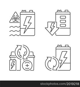 Battery reuse linear icons set. Prevent environment contamination. Electronic waste recycling station. Customizable thin line contour symbols. Isolated vector outline illustrations. Editable stroke. Battery reuse linear icons set