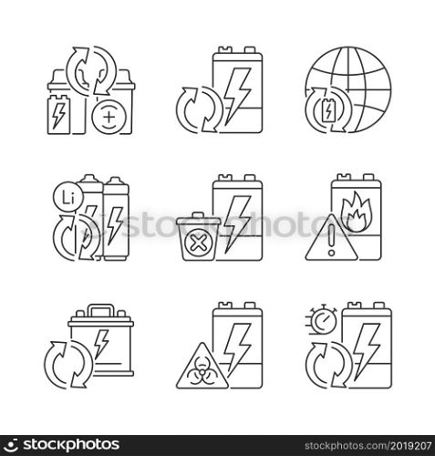 Battery reuse linear icons set. Recyclable electronic waste. Accumulator recycling. Correct disposal. Customizable thin line contour symbols. Isolated vector outline illustrations. Editable stroke. Battery reuse linear icons set
