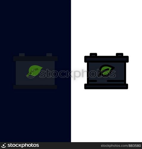 Battery, Save, Green Icons. Flat and Line Filled Icon Set Vector Blue Background