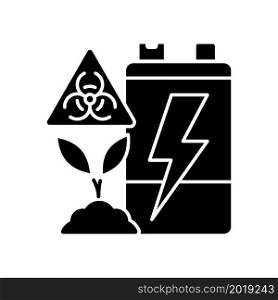 Battery soil contamination threat black glyph icon. Heavy metal ground pollution. Accumulator corrosion harm. Electronic waste landfill. Silhouette symbol on white space. Vector isolated illustration. Battery soil contamination threat black glyph icon
