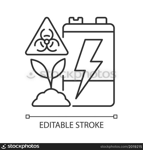 Battery soil contamination threat linear icon. Heavy metal land pollution. Accumulator corrosion. Thin line customizable illustration. Contour symbol. Vector isolated outline drawing. Editable stroke. Battery soil contamination threat linear icon