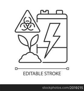 Battery soil contamination threat linear icon. Heavy metal land pollution. Accumulator corrosion. Thin line customizable illustration. Contour symbol. Vector isolated outline drawing. Editable stroke. Battery soil contamination threat linear icon