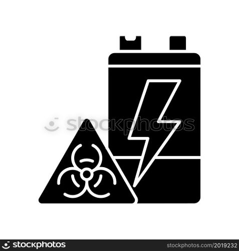 Battery toxicity black glyph icon. Soil and groundwater pollution. Environment contamination. Accumulator hazardous chemicals leak. Silhouette symbol on white space. Vector isolated illustration. Battery toxicity black glyph icon
