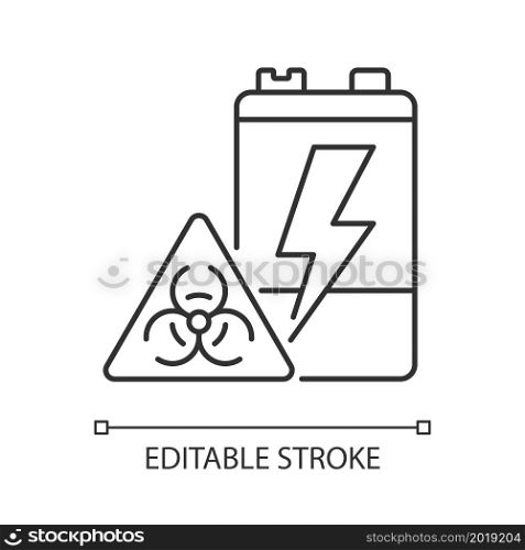 Battery toxicity linear icon. Soil and water pollution. Accumulator hazardous chemicals leak. Thin line customizable illustration. Contour symbol. Vector isolated outline drawing. Editable stroke. Battery toxicity linear icon
