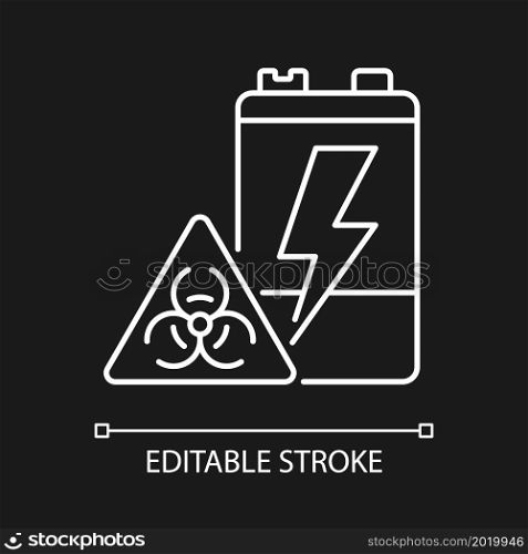 Battery toxicity white linear icon for dark theme. Soil and water pollution. Chemicals leak hazard. Thin line customizable illustration. Isolated vector contour symbol for night mode. Editable stroke. Battery toxicity white linear icon for dark theme