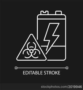 Battery toxicity white linear icon for dark theme. Soil and water pollution. Chemicals leak hazard. Thin line customizable illustration. Isolated vector contour symbol for night mode. Editable stroke. Battery toxicity white linear icon for dark theme