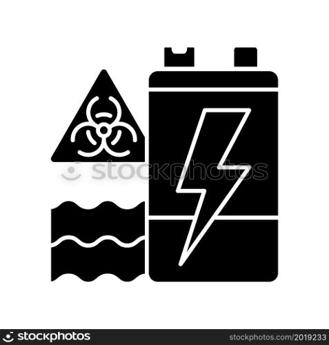 Battery water contamination threat black glyph icon. Hazardous chemicals and acids leak. Groundwater and soil pollution. Ecosystem harm. Silhouette symbol on white space. Vector isolated illustration. Battery water contamination threat black glyph icon