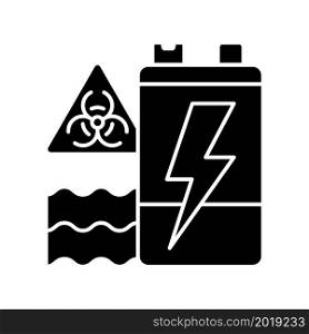 Battery water contamination threat black glyph icon. Hazardous chemicals and acids leak. Groundwater and soil pollution. Ecosystem harm. Silhouette symbol on white space. Vector isolated illustration. Battery water contamination threat black glyph icon