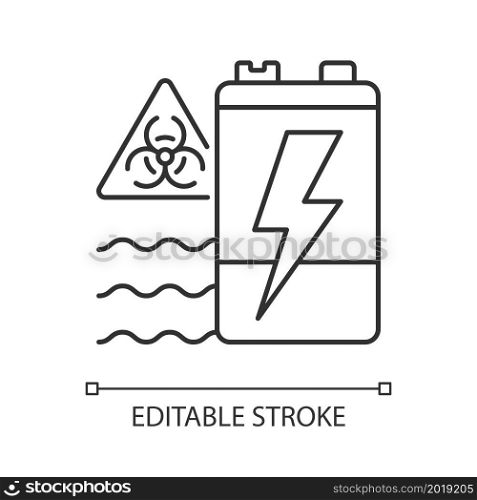 Battery water contamination threat linear icon. Hazardous chemicals leak. Groundwater pollution. Thin line customizable illustration. Contour symbol. Vector isolated outline drawing. Editable stroke. Battery water contamination threat linear icon