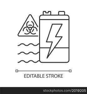 Battery water contamination threat linear icon. Hazardous chemicals leak. Groundwater pollution. Thin line customizable illustration. Contour symbol. Vector isolated outline drawing. Editable stroke. Battery water contamination threat linear icon