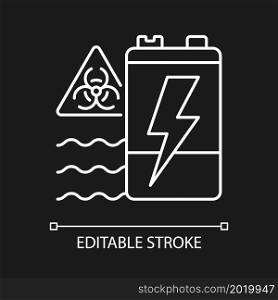 Battery water contamination threat white linear icon for dark theme. Groundwater pollution. Thin line customizable illustration. Isolated vector contour symbol for night mode. Editable stroke. Battery water contamination threat white linear icon for dark theme