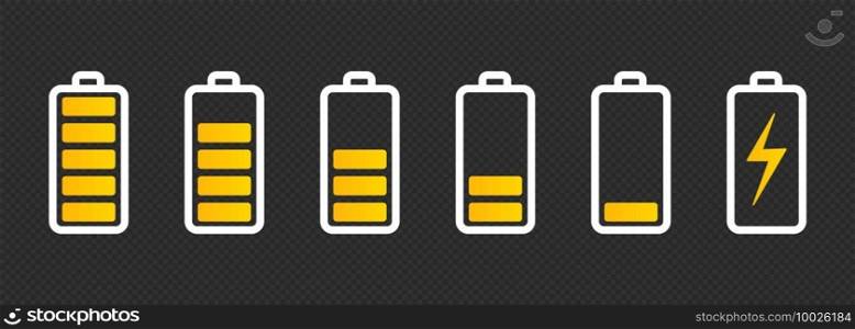 Battery with different levels of charge icons set. Vector EPS 10. Battery with different levels of charge icons set. Vector on isolated transparent background. EPS 10