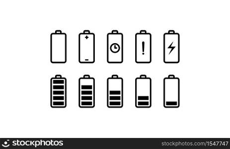 Battery with different levels of charge icons set. Vector on isolated white background. EPS 10. Battery with different levels of charge icons set. Vector on isolated white background. EPS 10.