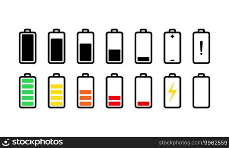 Battery with different levels of charge icons set. Vector on isolated white background. EPS 10