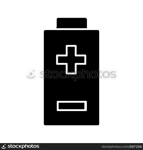 Battery with plus and minus signs glyph icon. Charging. Battery level indicator. Silhouette symbol. Negative space. Vector isolated illustration. Battery with plus and minus signs glyph icon