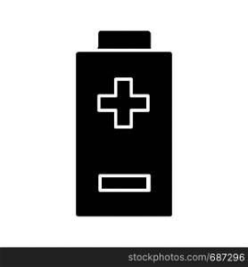 Battery with plus and minus signs glyph icon. Charging. Battery level indicator. Silhouette symbol. Negative space. Vector isolated illustration. Battery with plus and minus signs glyph icon