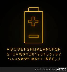 Battery with plus and minus signs neon light icon. Charging. Battery level indicator. Glowing sign with alphabet, numbers and symbols. Vector isolated illustration. Battery with plus and minus signs neon light icon