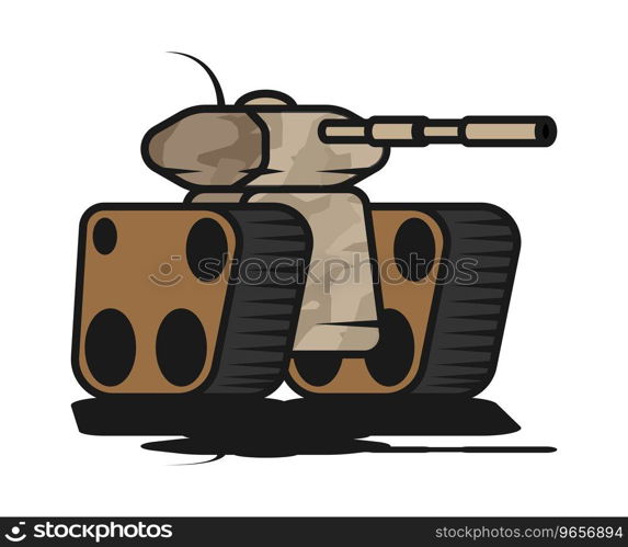 Battle army track tank with sand camouflage and long barrel for firing projectiles at enemy. Heavy self propelled artillery equipment. Cartoon outline vector isolated on white background