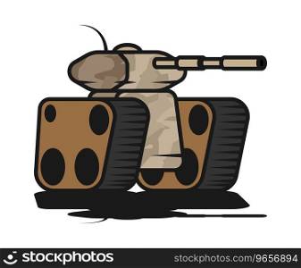 Battle army track tank with sand camouflage and long barrel for firing projectiles at enemy. Heavy self propelled artillery equipment. Cartoon outline vector isolated on white background