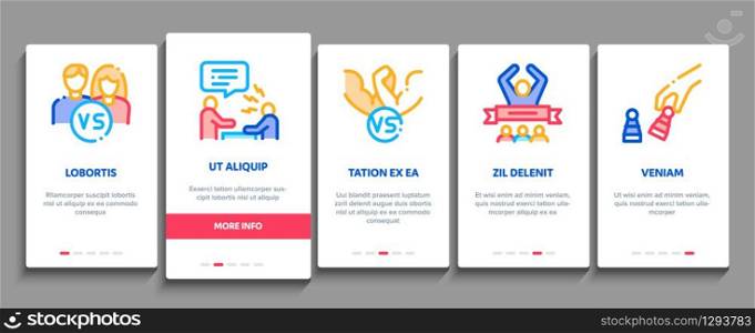 Battle Competition Onboarding Mobile App Page Screen Vector. Champion Battle, Box And Run Sport Championship, Chess And Karaoke, Loudspeaker And Sword Color Contour Illustrations. Battle Competition Onboarding Elements Icons Set Vector