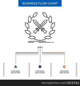 battle, emblem, game, label, swords Business Flow Chart Design with 3 Steps. Line Icon For Presentation Background Template Place for text. Vector EPS10 Abstract Template background