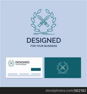 battle, emblem, game, label, swords Business Logo Line Icon Symbol for your business. Turquoise Business Cards with Brand logo template. Vector EPS10 Abstract Template background