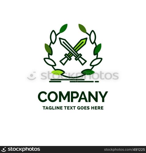 battle, emblem, game, label, swords Flat Business Logo template. Creative Green Brand Name Design.