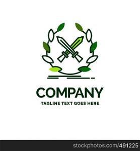 battle, emblem, game, label, swords Flat Business Logo template. Creative Green Brand Name Design.
