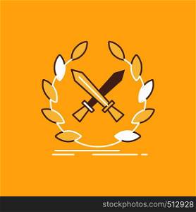 battle, emblem, game, label, swords Flat Line Filled Icon. Beautiful Logo button over yellow background for UI and UX, website or mobile application. Vector EPS10 Abstract Template background