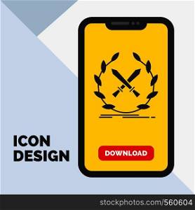 battle, emblem, game, label, swords Glyph Icon in Mobile for Download Page. Yellow Background. Vector EPS10 Abstract Template background