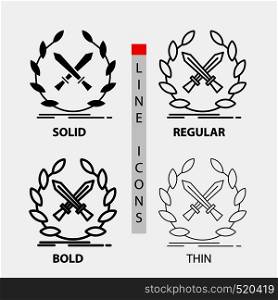 battle, emblem, game, label, swords Icon in Thin, Regular, Bold Line and Glyph Style. Vector illustration. Vector EPS10 Abstract Template background