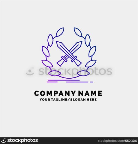 battle, emblem, game, label, swords Purple Business Logo Template. Place for Tagline. Vector EPS10 Abstract Template background