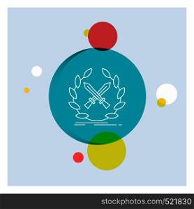 battle, emblem, game, label, swords White Line Icon colorful Circle Background. Vector EPS10 Abstract Template background