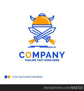 battle, emblem, viking, warrior, swords Blue Yellow Business Logo template. Creative Design Template Place for Tagline.