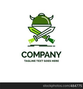 battle, emblem, viking, warrior, swords Flat Business Logo template. Creative Green Brand Name Design.