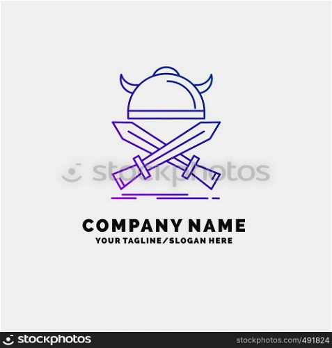 battle, emblem, viking, warrior, swords Purple Business Logo Template. Place for Tagline. Vector EPS10 Abstract Template background