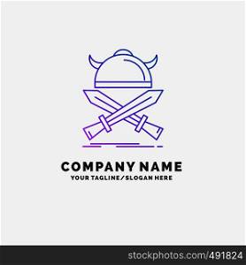 battle, emblem, viking, warrior, swords Purple Business Logo Template. Place for Tagline. Vector EPS10 Abstract Template background