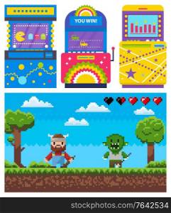 Battle of knight and geek, adventure pixel game. Gambling old machine, colorful computers set, video-game war of heroes, green nature, entertainment vector. Game Machine and Heroes War, Joystick Sign Vector