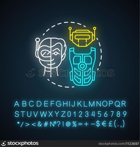 Battle robotics neon light concept icon. Transformers idea. Types of robots, classification. Computer machine combat, fighting. Glowing sign with alphabet, numbers. Vector isolated illustration