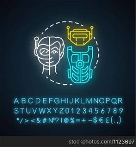 Battle robotics neon light concept icon. Transformers idea. Types of robots, classification. Computer machine combat, fighting. Glowing sign with alphabet, numbers. Vector isolated illustration