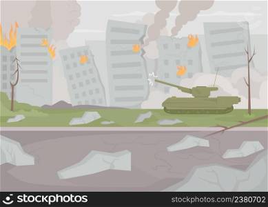 Battle scene flat color vector illustration. Outbreak of hostilities. Destroyed and burning town. Stop war. Devastated city 2D simple cartoon cityscape with ruined buildings on background. Battle scene flat color vector illustration