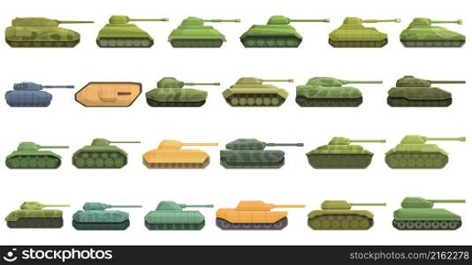 Battle tank icons set cartoon vector. War armed. Combat military. Battle tank icons set cartoon vector. War armed