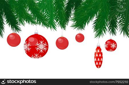 Baubles and cone toy hanging on Christmas tree vector. Balls with snowflake shining print, hang decoration on pine branches, spruce frame, winter holiday. Baubles and Cone Toy Hanging on Christmas Tree