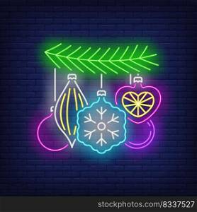 Baubles on fir tree twig neon sign. Glowing neon baubles. New year, Christmas, winter. Vector illustration in neon style for greeting card, invitation, announcement