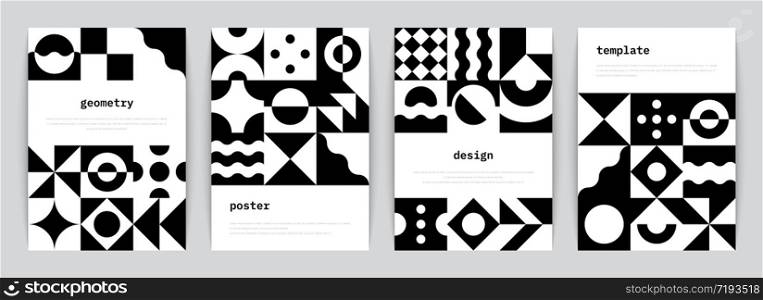 Bauhaus poster. Minimal monochrome geometric banners with simple black shapes in Swiss style. Vector illustration trendy abstract flyers set with graphic architectural modernism composition. Bauhaus poster. Minimal monochrome geometric banners with simple black shapes in Swiss style. Vector trendy abstract flyers set