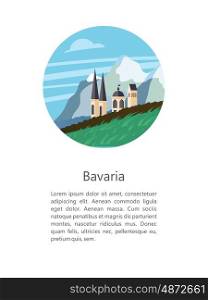 Bavaria. Vector illustration.. Bavaria, Germany. Beautiful landscapes, traditional architecture of Bavaria. Castles, villages, mountains, fields. Postcards, logos, emblems with space for text.